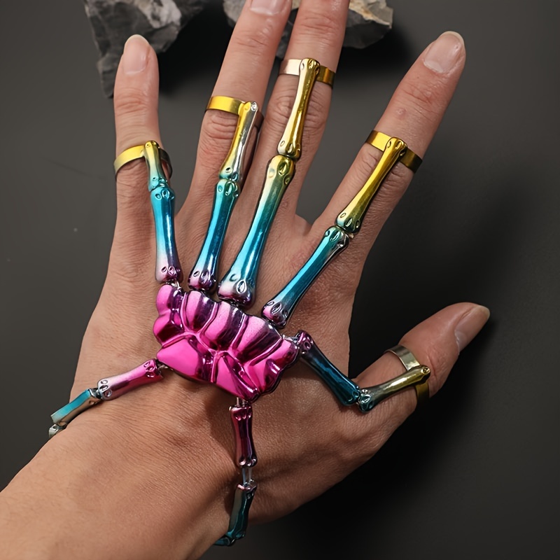 Punk Skull Hand Bone Five Finger Ring Bracelet Chain